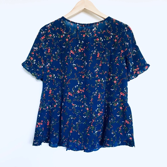 Madewell Silk Stanza Ruffle Hem Navy Blue Keyhole Floral Blouse Size Small - Picture 5 of 10